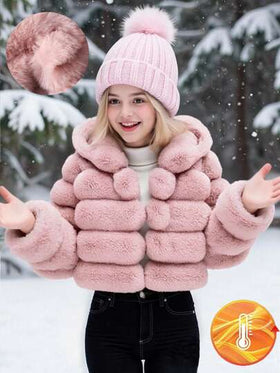 SHEIN 1 قطعة معطف فرو صناعي ناعم للبنات، أنيق بأكمام طويلة وقصير مناسب، مزود بقبعة، مناسب للخريف/الشتاء