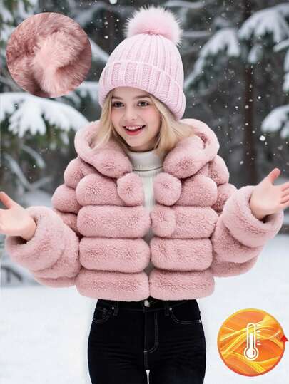SHEIN 1 قطعة معطف فرو صناعي ناعم للبنات، أنيق بأكمام طويلة وقصير مناسب، مزود بقبعة، مناسب للخريف/الشتاء