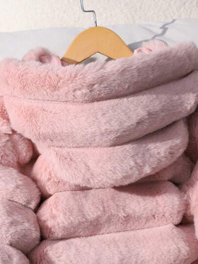 SHEIN 1 قطعة معطف فرو صناعي ناعم للبنات، أنيق بأكمام طويلة وقصير مناسب، مزود بقبعة، مناسب للخريف/الشتاء