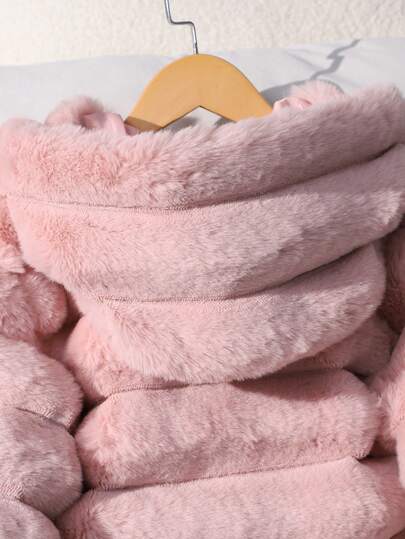 SHEIN 1 قطعة معطف فرو صناعي ناعم للبنات، أنيق بأكمام طويلة وقصير مناسب، مزود بقبعة، مناسب للخريف/الشتاء