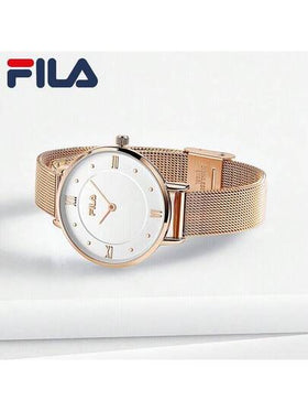FILA ساعة نسائية فاخرة من فيلا بتشغيل كوارتز، إطار كريستالي لامع، وجه اللؤلؤ وسوار من الصلب، هدية فاخرة للمرأة