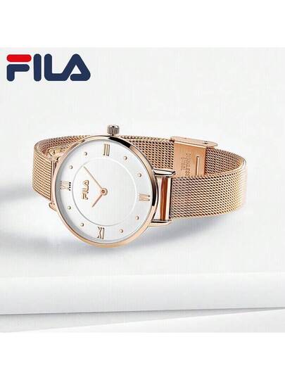FILA ساعة نسائية فاخرة من فيلا بتشغيل كوارتز، إطار كريستالي لامع، وجه اللؤلؤ وسوار من الصلب، هدية فاخرة للمرأة