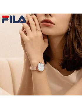 FILA ساعة نسائية فاخرة من فيلا بتشغيل كوارتز، إطار كريستالي لامع، وجه اللؤلؤ وسوار من الصلب، هدية فاخرة للمرأة