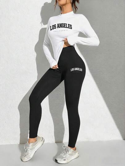 SHEIN Essnce مجموعة من قطعتين للنساء، تي شيرت بأكمام طويلة ضيق بطباعة شعار لوس أنجلوس وسروال ضيق بخصر عالي، مناسب للربيع والخريف