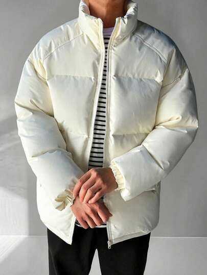 معطف قطن مبطن بياقة عالية للرجال، لون بيج، قماش بوليستر، بتصميم منفوش فضفاض، مناسب للارتداء اليومي والتنقل في فصل الشتاء، بطراز الأموال القديمة