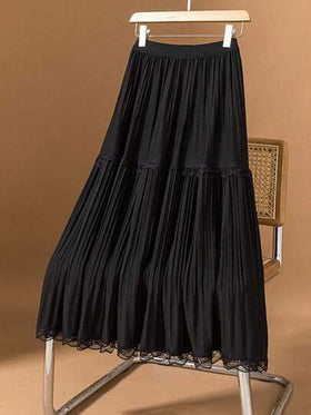 تنورة طويلة أنيقة للنساء - تنورة خط A مع رقعة من الدانتيل والقطيفة، خصر مطاطي، مُلطفة ومنحفة، مناسبة للارتداء اليومي والحفلات
