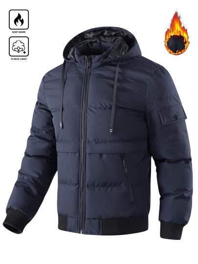 Manfinity Homme معطف شتوي رجالي مبطن بأكمام طويلة فضفاضة مع غطاء رأس وجيوب على الصدر، باللون الأزرق الكحلي