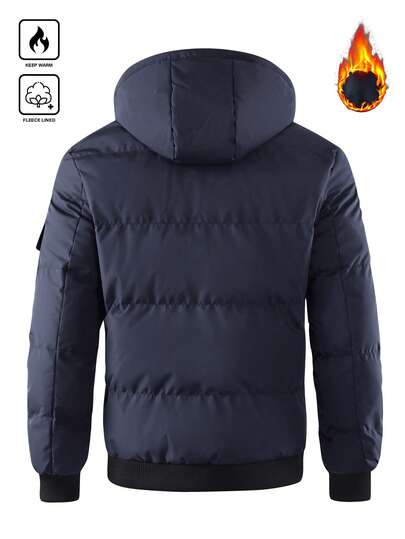 Manfinity Homme معطف شتوي رجالي مبطن بأكمام طويلة فضفاضة مع غطاء رأس وجيوب على الصدر، باللون الأزرق الكحلي