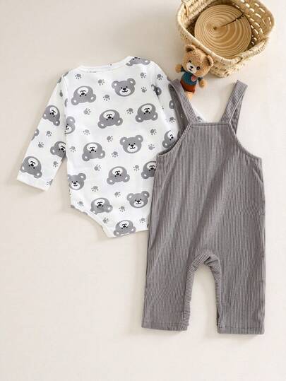 SHEIN مجموعة ملابس للطفل الصبي، بدلة كم طويل + سروال بيب، تطريز الدب والحرف، طقم كاجوال كرتوني، للأطفال الرضع الجدد من الجنسين 0-3 سنوات، طقم ملابس الطفل الصبي الدب، طقم ملابس الطفل الصبي الحديث الولادة للخروج