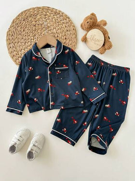 طقم بيجامة طفل ولد كاجوال مطبوع بنمط كرتوني بأكمام طويلة، خريف/شتاء