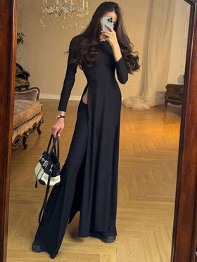 طقم أنيق من ملابس علوية كم طويل بلون أساسي وبنطلون واسع الساق باللون الأسود للربيع