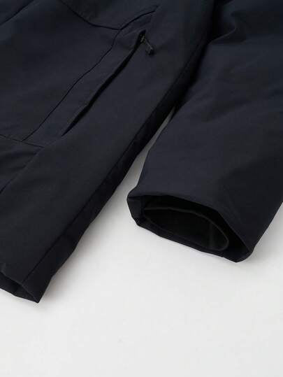 Manfinity Homme معطف شتوي كاجوال بغطاء رأس وأكمام طويلة مطبوع عليه حرف وجبل، مبطن حراريًا للرجال