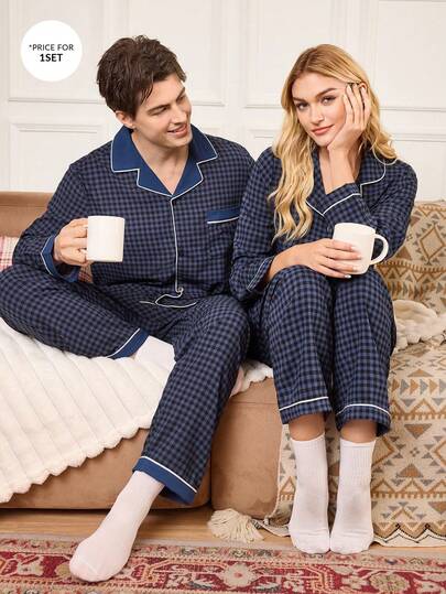 CoupledUp طقم بيجامات رجالي كلاسيكي بطبعة المربعات الملونة للخريف والشتاء