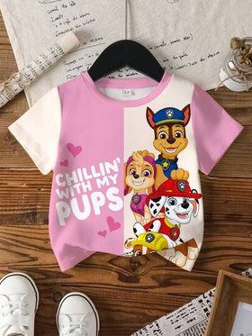SHEIN | PAW Patrol بلوزة قصيرة الأكمام كاجوال صيفية للفتيات الصغيرات مزينة برسوم كرتونية وطباعة حرفية ملونة
