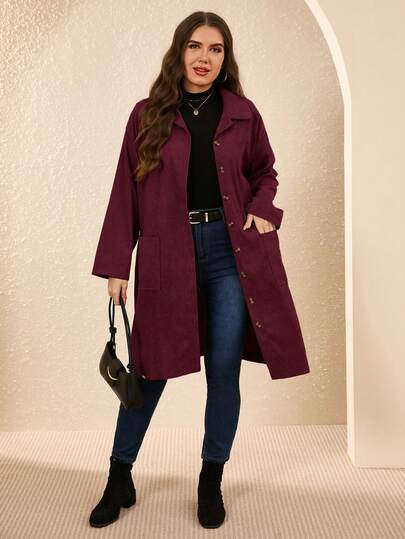 EMERY ROSE معطف متوسط الطول مزود بجيبين وأزرار، من الكوردوروي بطراز ريفي، مناسب للشتاء والأعياد بأسلوب ريفي
