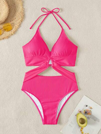 Swim Chiccia بكيني بتصميم محصور الرقبة والظهر مفتوح باللون الفوشيا الصلب والفضي، قطعة علوية قصيرة مثيرة للعطلات الصيفية 2026