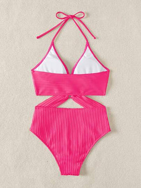Swim Chiccia بكيني بتصميم محصور الرقبة والظهر مفتوح باللون الفوشيا الصلب والفضي، قطعة علوية قصيرة مثيرة للعطلات الصيفية 2026