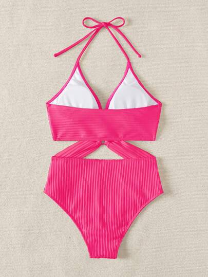 Swim Chiccia بكيني بتصميم محصور الرقبة والظهر مفتوح باللون الفوشيا الصلب والفضي، قطعة علوية قصيرة مثيرة للعطلات الصيفية 2026