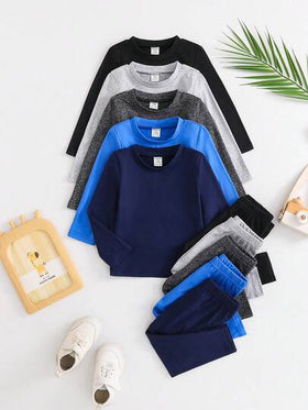 SHEIN Playful Pals 10 قطعة/مجموعة ملابس أطفال أولاد ألوان سادة كاجوال من قمصان وبناطيل، موضة متعددة الاستخدامات، مناسبة للربيع والخريف