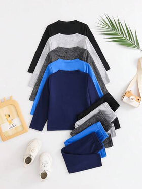 SHEIN Playful Pals 10 قطعة/مجموعة ملابس أطفال أولاد ألوان سادة كاجوال من قمصان وبناطيل، موضة متعددة الاستخدامات، مناسبة للربيع والخريف