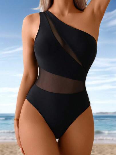Swim Lushoire بدلة سباحة قطعة واحدة للنساء، لون أحادي مع قطع من الشبكة، أحادية الكتف غير متماثلة ظهر مكشوف، عصرية وأنيقة للعطلات
