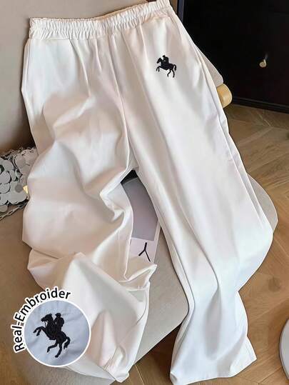 SHEIN EZwear بنطلون فضفاض للنساء للاستخدام اليومي والعطلات، مطرز بشعار صغير