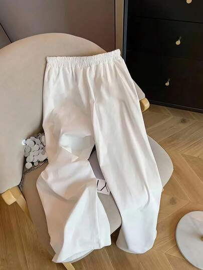 SHEIN EZwear بنطلون فضفاض للنساء للاستخدام اليومي والعطلات، مطرز بشعار صغير