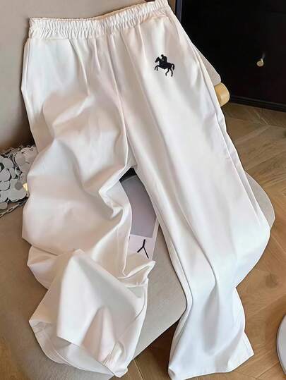 SHEIN EZwear بنطلون فضفاض للنساء للاستخدام اليومي والعطلات، مطرز بشعار صغير