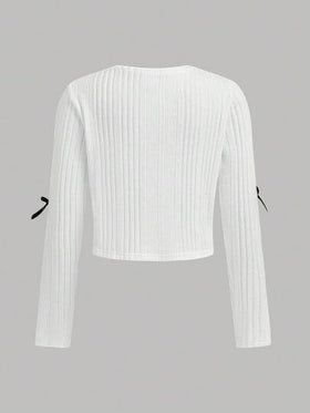 SHEIN بلوزة بياقة طاقم محبوكة بأكمام طويلة وفيونكة للفتيات المراهقات، لون أحادي، موسم الخريف/الشتاء