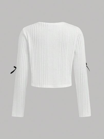 SHEIN بلوزة بياقة طاقم محبوكة بأكمام طويلة وفيونكة للفتيات المراهقات، لون أحادي، موسم الخريف/الشتاء