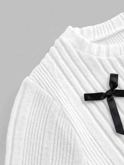 SHEIN بلوزة بياقة طاقم محبوكة بأكمام طويلة وفيونكة للفتيات المراهقات، لون أحادي، موسم الخريف/الشتاء