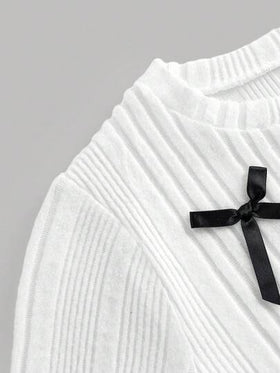 SHEIN بلوزة بياقة طاقم محبوكة بأكمام طويلة وفيونكة للفتيات المراهقات، لون أحادي، موسم الخريف/الشتاء
