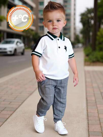 TaviRue طقم ملابس طفل ذكر 2 قطعة شامل قميص بولو قصير الأكمام كاجوال ورياضي ، وبنطال ذو خصر مرن منقوش، مناسب للحفلات ، الأعياد المسائية ، الأداءات ، حفلات الزفاف ، حفلات استحمام الطفل ، المعمودية ، عيد الميلاد الأول
