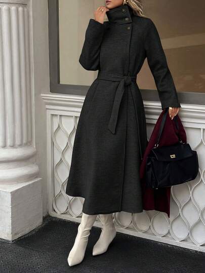 Xyvia معطف صوفي طويل بياقة عالية وحزام للنساء، طراز قديم للأموال، ملابس نسائية للمكتب والخروج، ملابس خريفية للنساء