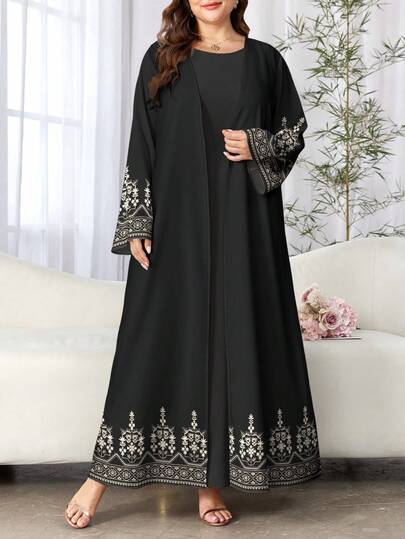 SHEIN Najma عباية كاجوال للنساء ذوات الأحجام الكبيرة بطبعة زهرية معينية وأكمام طويلة، مناسبة للربيع والخريف