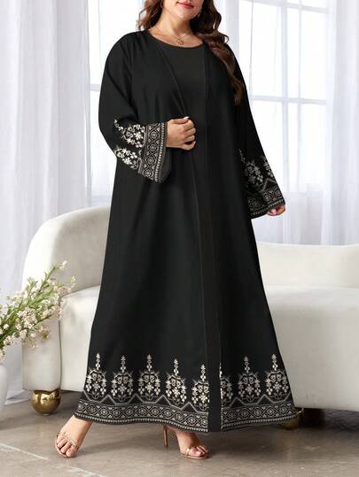 SHEIN Najma عباية كاجوال للنساء ذوات الأحجام الكبيرة بطبعة زهرية معينية وأكمام طويلة، مناسبة للربيع والخريف