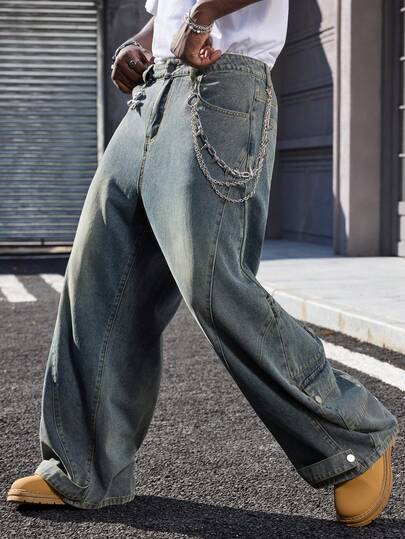 ROMWE MEN Street Life بنطلون جينز رجالي كاجوال مغسول بجيوب مائلة وفضفاض، خريفي