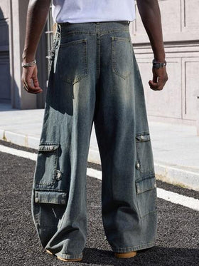 ROMWE MEN Street Life بنطلون جينز رجالي كاجوال مغسول بجيوب مائلة وفضفاض، خريفي