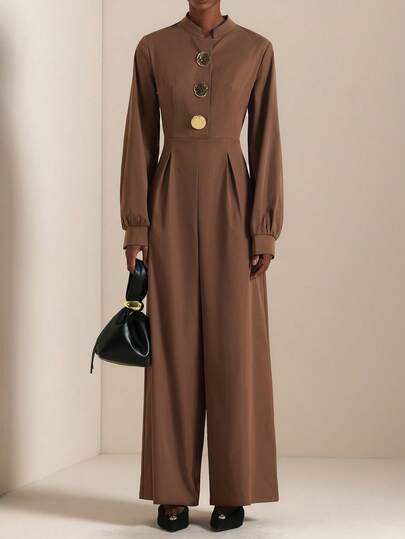 Vesra جمبسوت نسائية أنيقة وبسيطة للموضة الكاجوال، ذات ياقة عالية وأكمام طويلة وأزرار معدنية وخصر مطوي وبسحاب خفي خلفي، مناسبة للخريف والشتاء