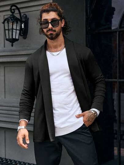 Manfinity Homme جاكيت كاجوال بأكمام طويلة ذات لون أحادي، للخريف والشتاء، ملابس كاجوال عصرية باللون الأسود