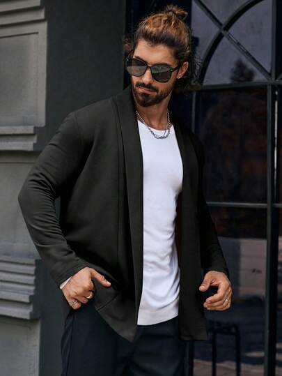 Manfinity Homme جاكيت كاجوال بأكمام طويلة ذات لون أحادي، للخريف والشتاء، ملابس كاجوال عصرية باللون الأسود