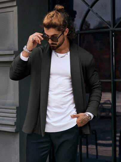 Manfinity Homme جاكيت كاجوال بأكمام طويلة ذات لون أحادي، للخريف والشتاء، ملابس كاجوال عصرية باللون الأسود