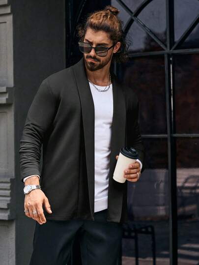 Manfinity Homme جاكيت كاجوال بأكمام طويلة ذات لون أحادي، للخريف والشتاء، ملابس كاجوال عصرية باللون الأسود