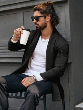 Manfinity Homme جاكيت كاجوال بأكمام طويلة ذات لون أحادي، للخريف والشتاء، ملابس كاجوال عصرية باللون الأسود