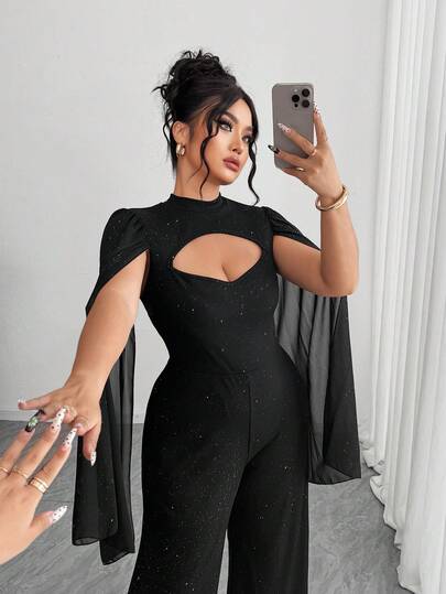 Elenzga فستان حفلة أنيق للمرأة بحجم كبير، مزين بالترتر، بأكمام طويلة، جمبسوت، خريفي
