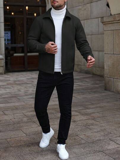 Manfinity Homme معطف طويل الأكمام بسحاب وياقة كاجوال بلون أحادي للرجال