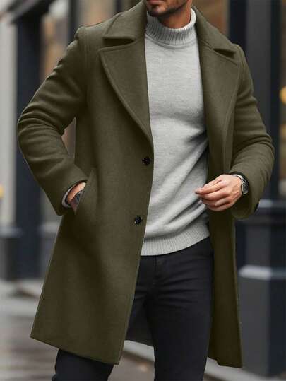 Manfinity Homme معطف طويل أنيق أحادي الصدر بياقة التقليب ذو أكمام طويلة باللون الأخضر الزيتوني، معطف كشمير طويل للرجال للشتاء للنساء باللون الأخضر