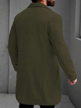 Manfinity Homme معطف طويل أنيق أحادي الصدر بياقة التقليب ذو أكمام طويلة باللون الأخضر الزيتوني، معطف كشمير طويل للرجال للشتاء للنساء باللون الأخضر