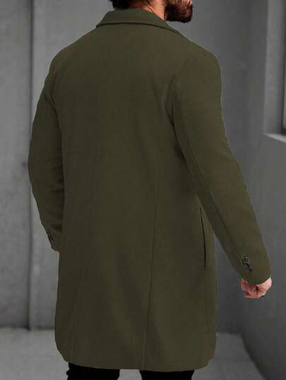 Manfinity Homme معطف طويل أنيق أحادي الصدر بياقة التقليب ذو أكمام طويلة باللون الأخضر الزيتوني، معطف كشمير طويل للرجال للشتاء للنساء باللون الأخضر