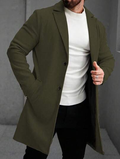 Manfinity Homme معطف طويل أنيق أحادي الصدر بياقة التقليب ذو أكمام طويلة باللون الأخضر الزيتوني، معطف كشمير طويل للرجال للشتاء للنساء باللون الأخضر